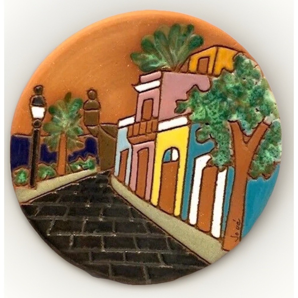Tile Art Pottery Jove Signed Colorful Redware Enameled 6" VTG Folk Dish Decor
